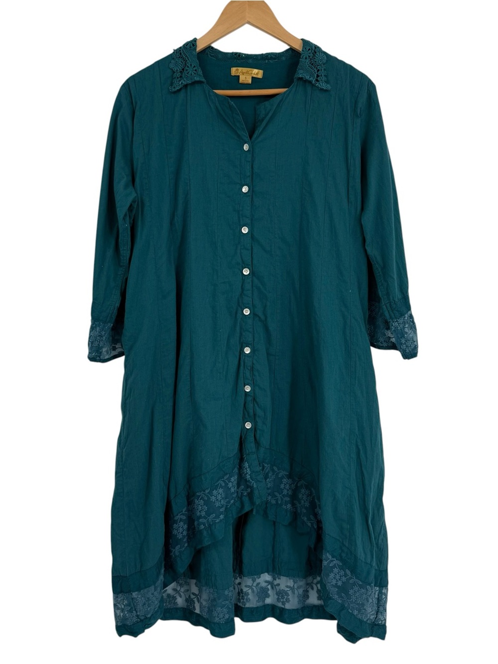 April Cornell Dress Womens Small Teal High Low Lace Prairie Folk Cotton Cottage